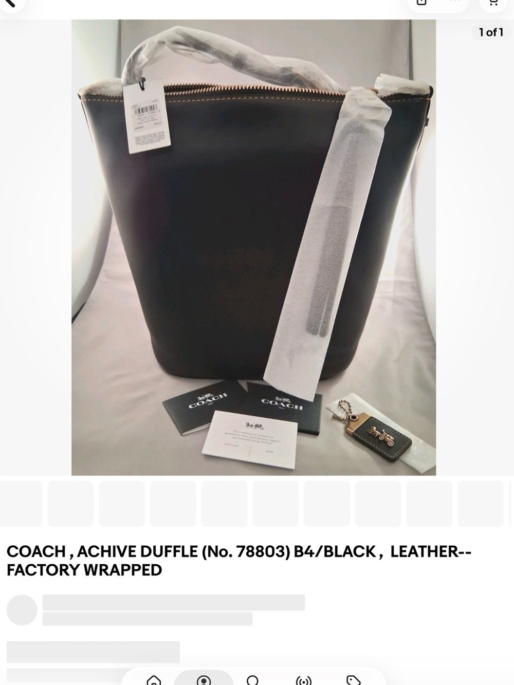 Coach Black Leather Duffel with Gold-Tone Zipper and Tag